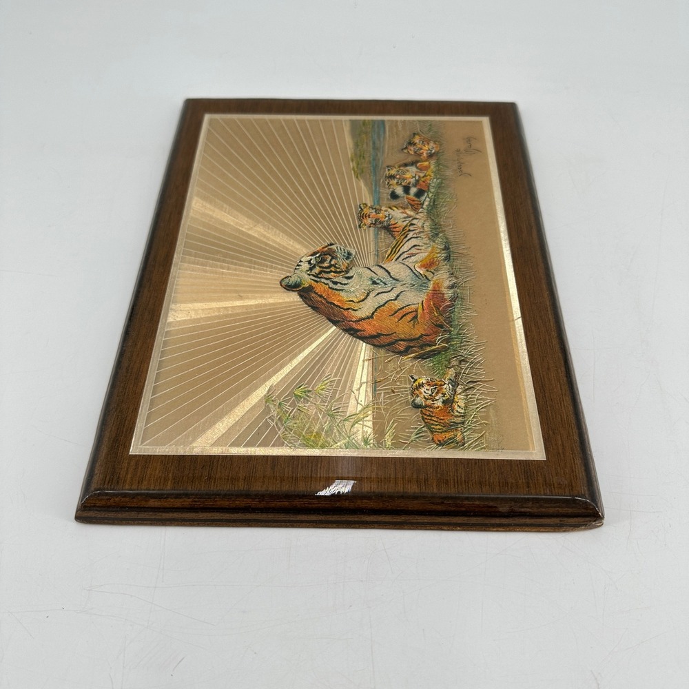 Josephine Marsh Tiger Family Foil Art Plaque Vintage Wood Mounted Wall Decor - Picture 5 of 8
